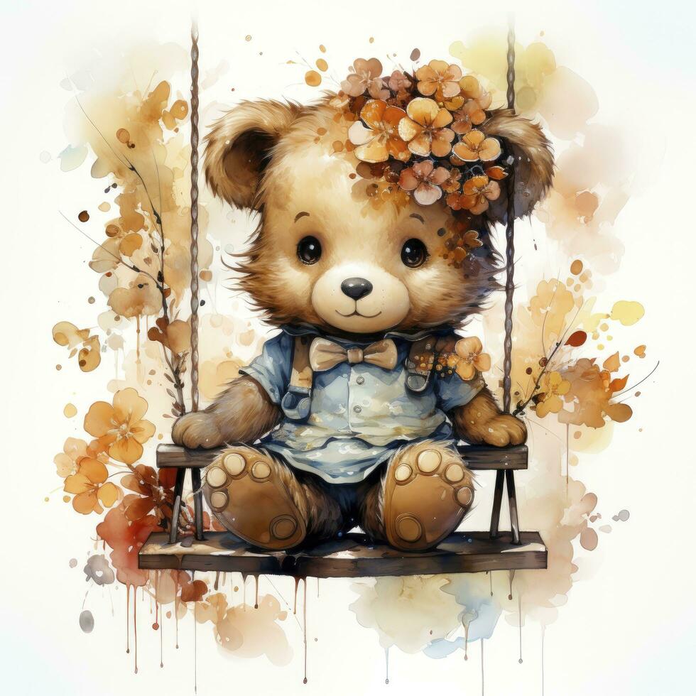 AI generated A cute happy teddy bear swings on a tree on a white background. AI Generated photo