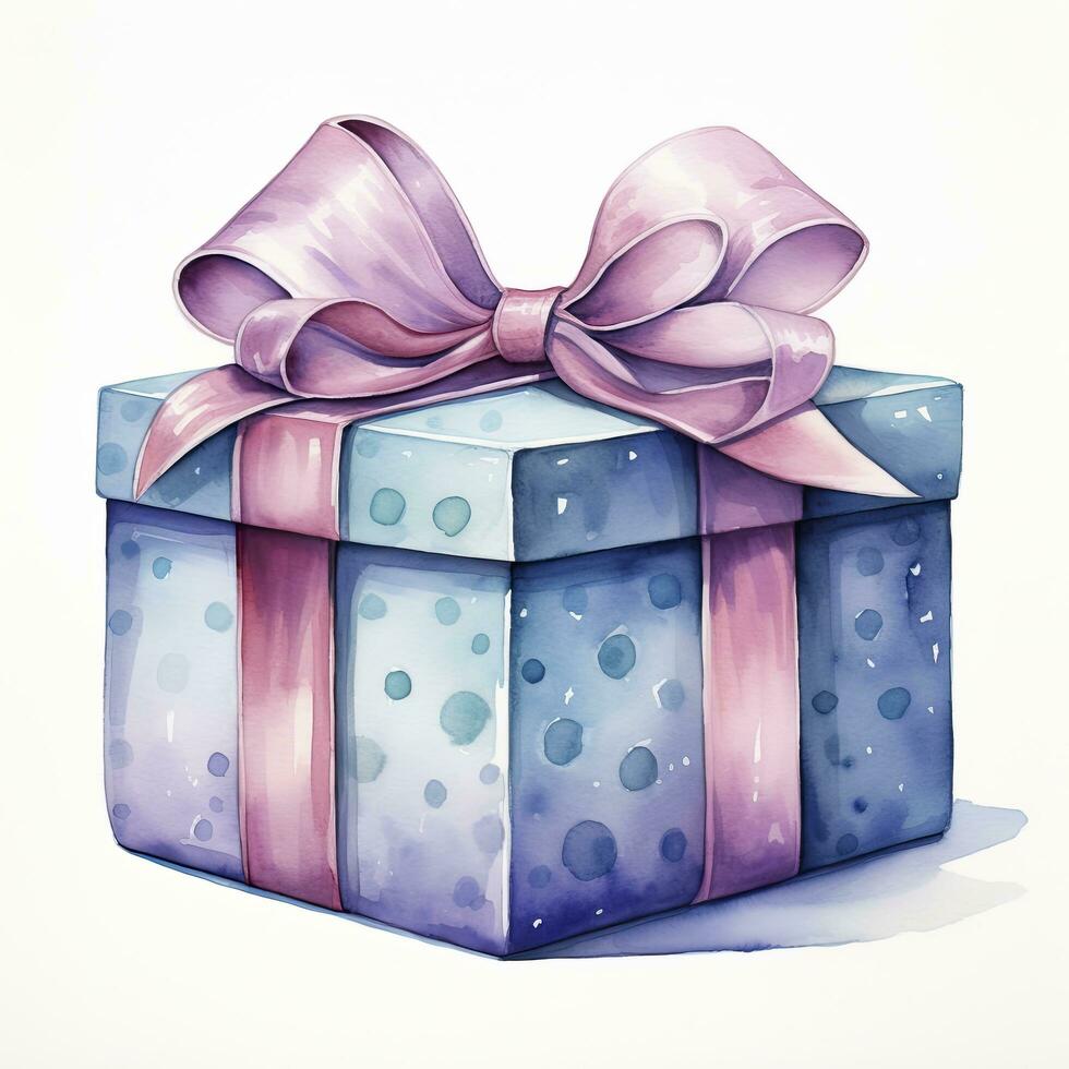 AI generated Watercolor birthday present with bow isolated on white background.  AI Generated photo