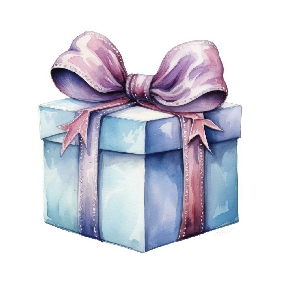 AI generated Watercolor birthday present with bow isolated on white background.  AI Generated photo