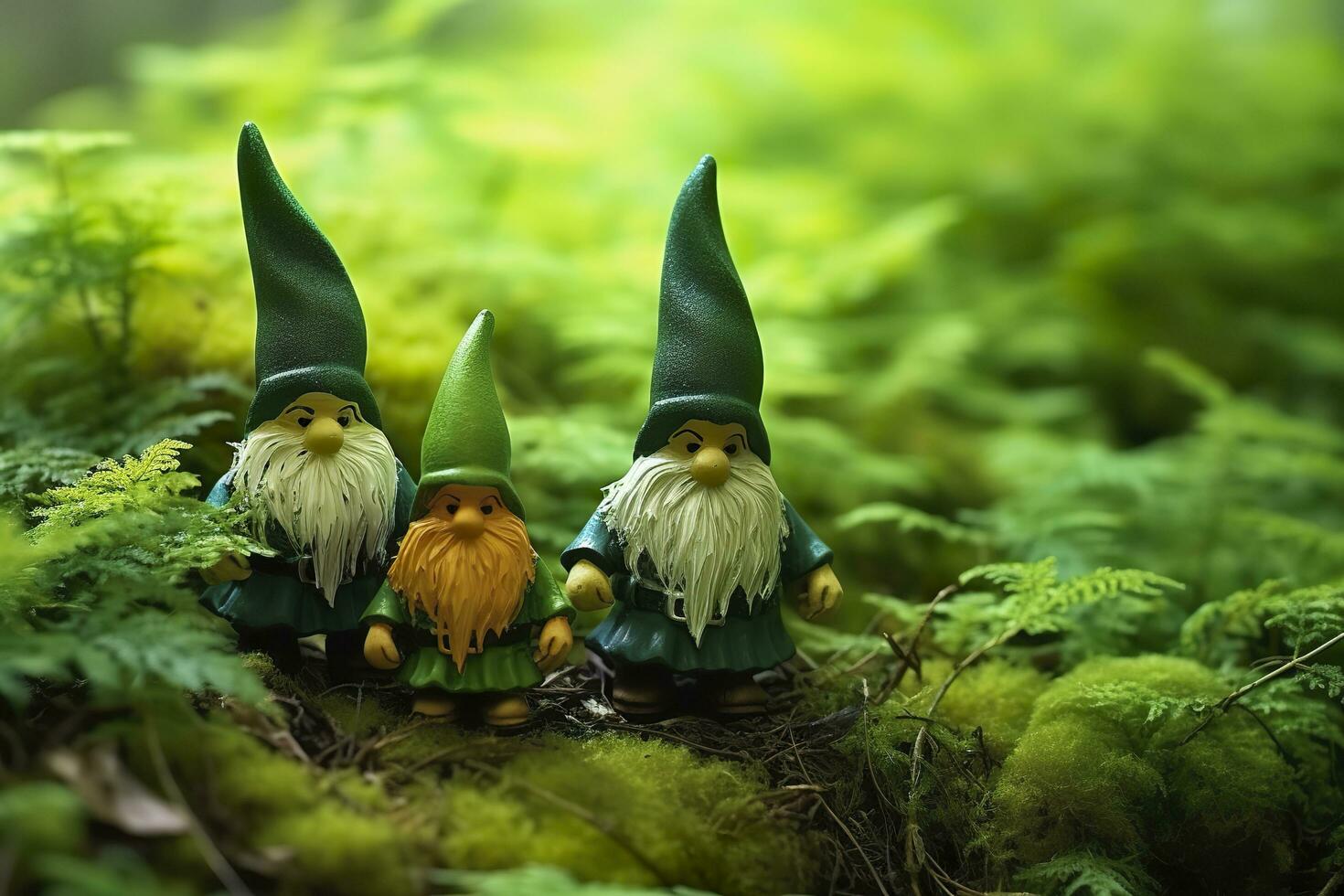 AI generated Toy Irish gnomes in a mystery forest, abstract green natural background. Generative AI photo