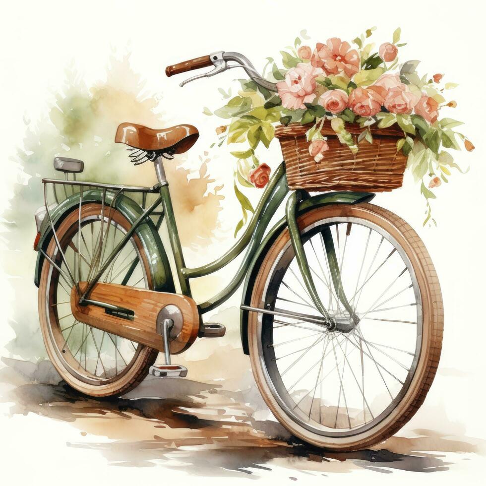 ai generado acuarela bicicleta con flores en el cesta aislado en blanco antecedentes. ai generado foto