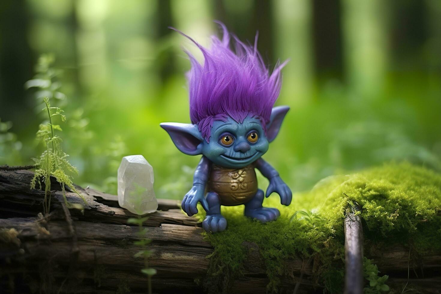 AI generated Tale troll with crystals in the forest, natural green background. Generative AI photo