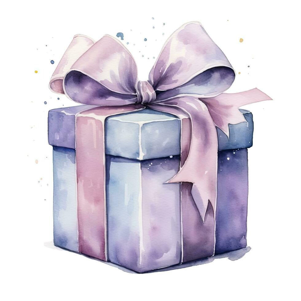 AI generated Watercolor birthday present with bow isolated on white background.  AI Generated photo