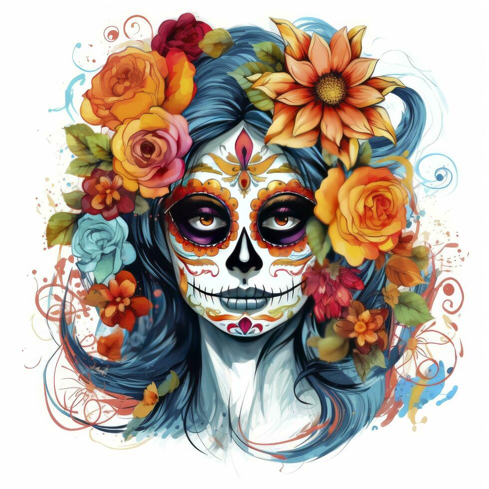 AI generated Woman sugar skull with beautiful colored flowers on white background. AI Generated photo