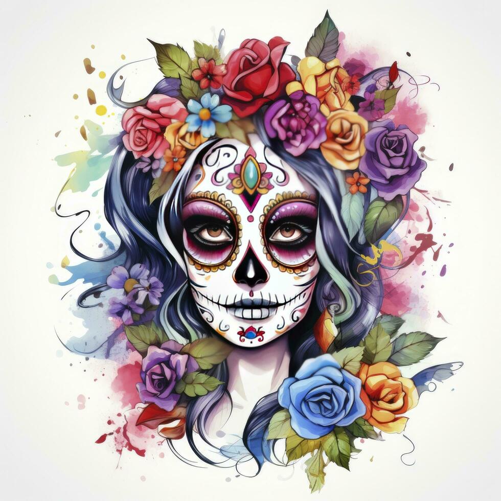 AI generated Woman sugar skull with beautiful colored flowers on white background. AI Generated photo