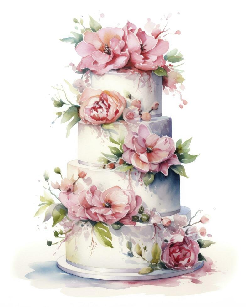 AI generated Watercolor wedding cake isolated on white background.  AI Generated photo