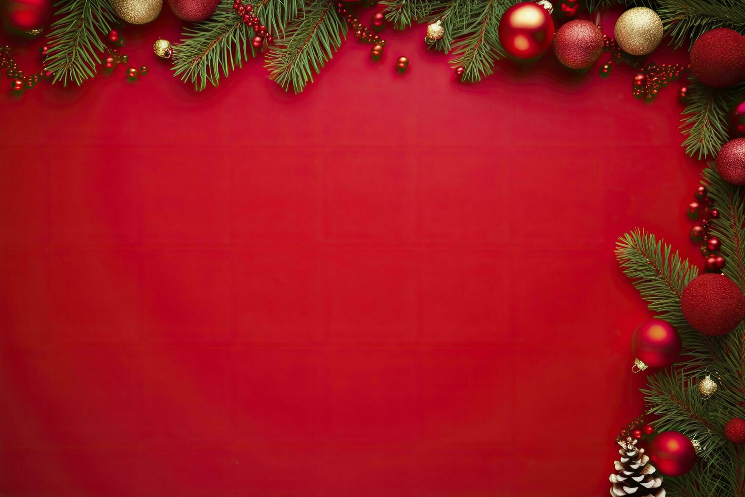 AI generated Christmas or New Year red background with fir decor. AI Generated photo