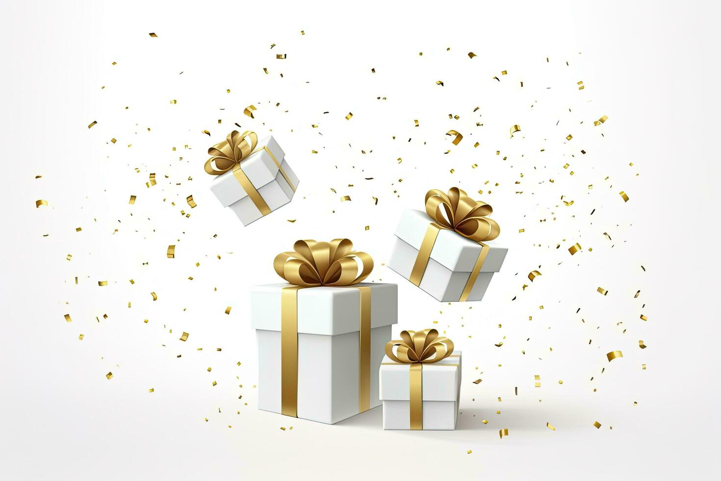 AI generated Merry New Year and Merry Christmas 2024 white gift boxes with golden bows and gold sequins confetti on white background. AI Generated photo