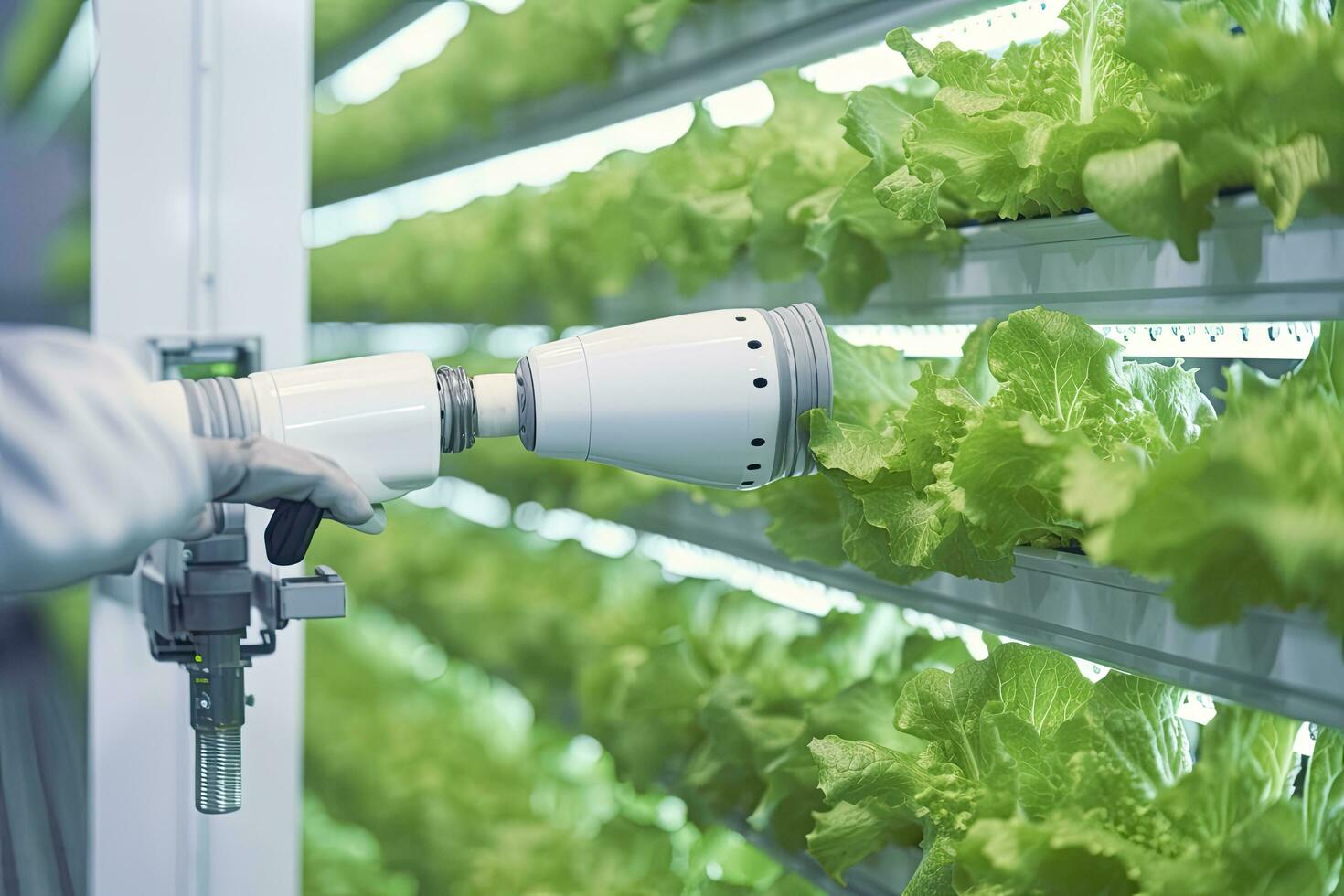 AI generated Automatic Agricultural Technology With Close-up View Of Robotic Arm Harvesting Lettuce In Vertical Hydroponic Plant. AI Generated photo