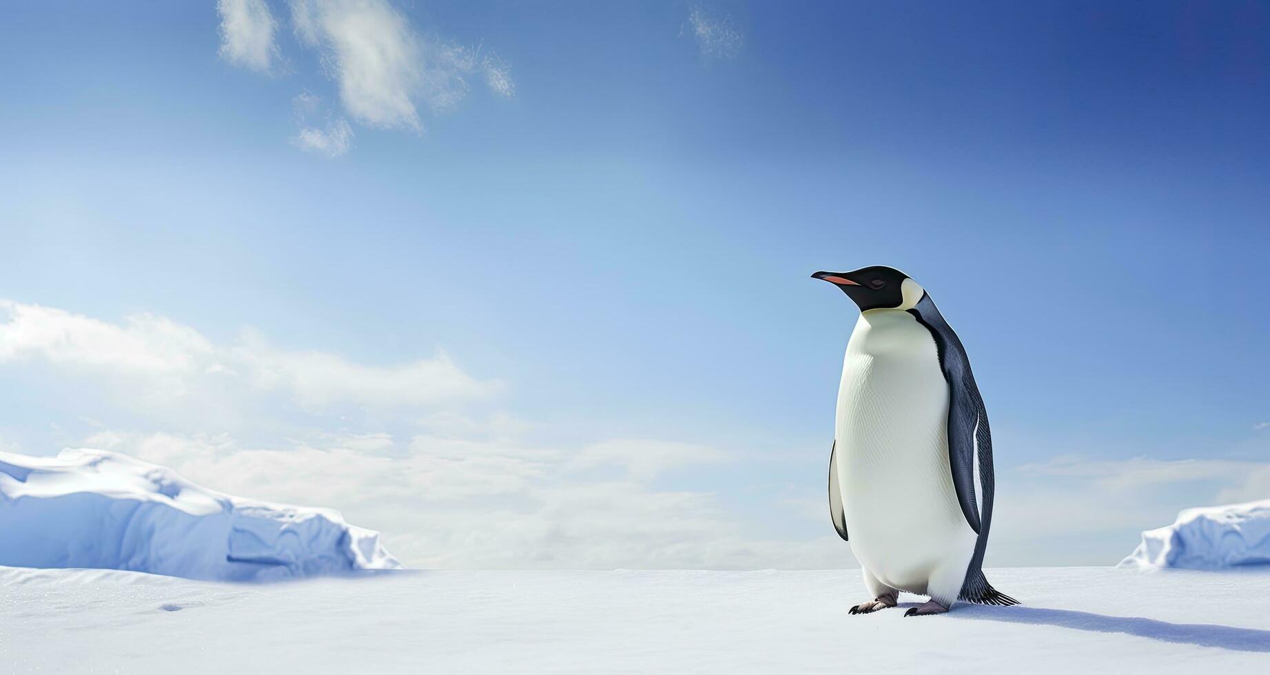 AI generated Penguin standing in Antarctica looking into the blue sky. AI Generated photo