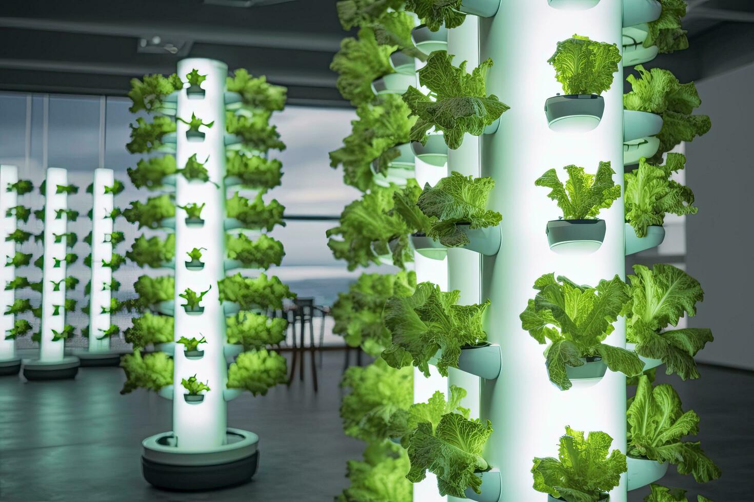 AI generated Vertical Hydroponic Plant System With Cultivated Lettuces. AI Generated photo