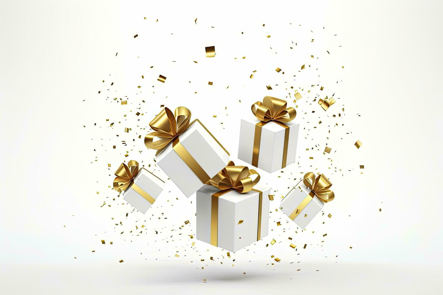 AI generated Merry New Year and Merry Christmas 2024 white gift boxes with golden bows and gold sequins confetti on white background. AI Generated photo