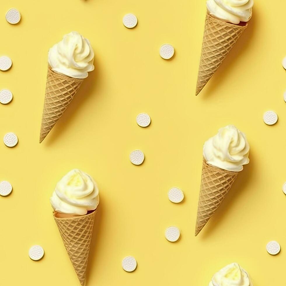 AI generated Ice Cream pattern on yellow background, top view. AI Generated photo