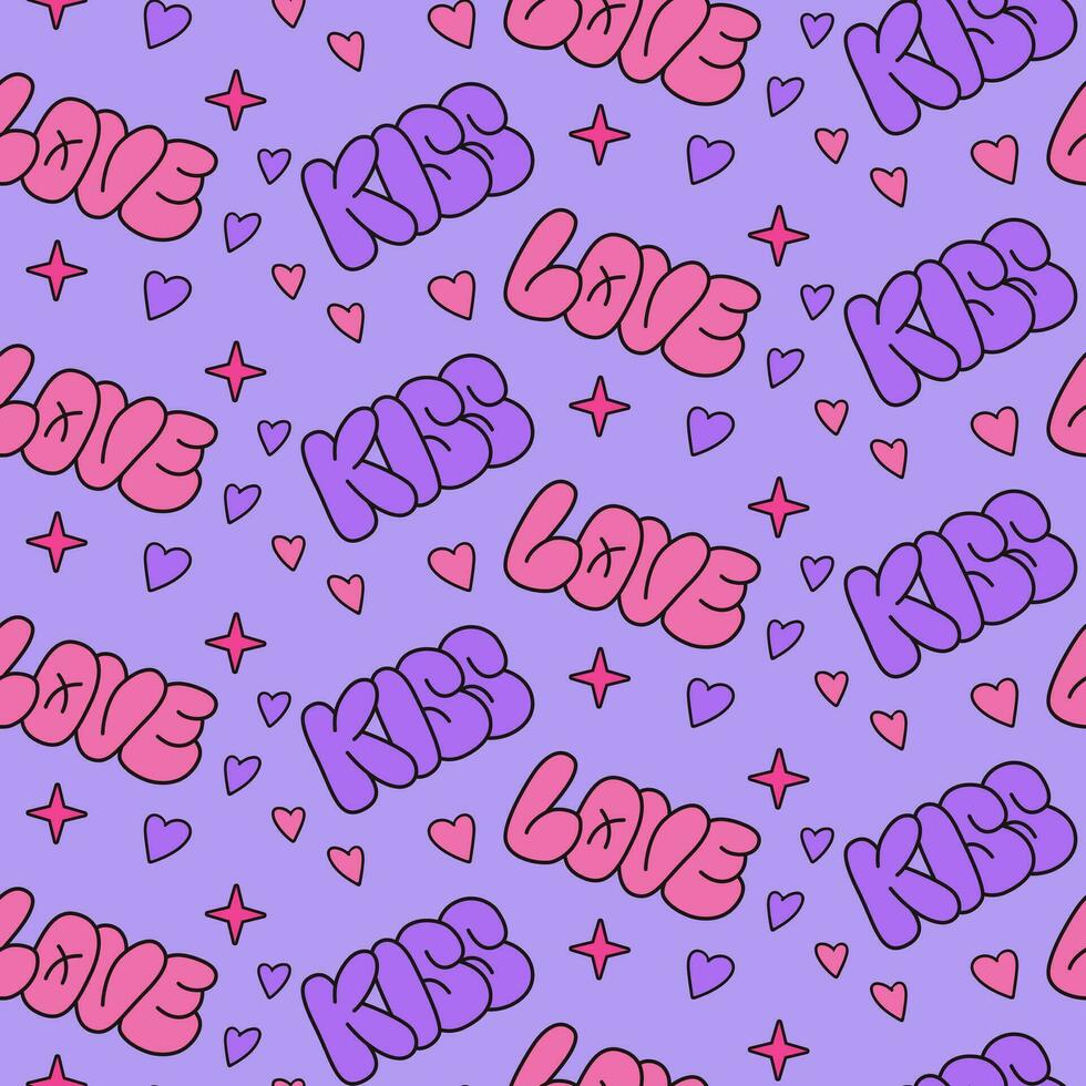 Retro 90s style pattern with words kiss, love in bubble street style. Hand drawn vector words and hearts on lilac background. Good for Valentines decoration, background. Valentines day concept