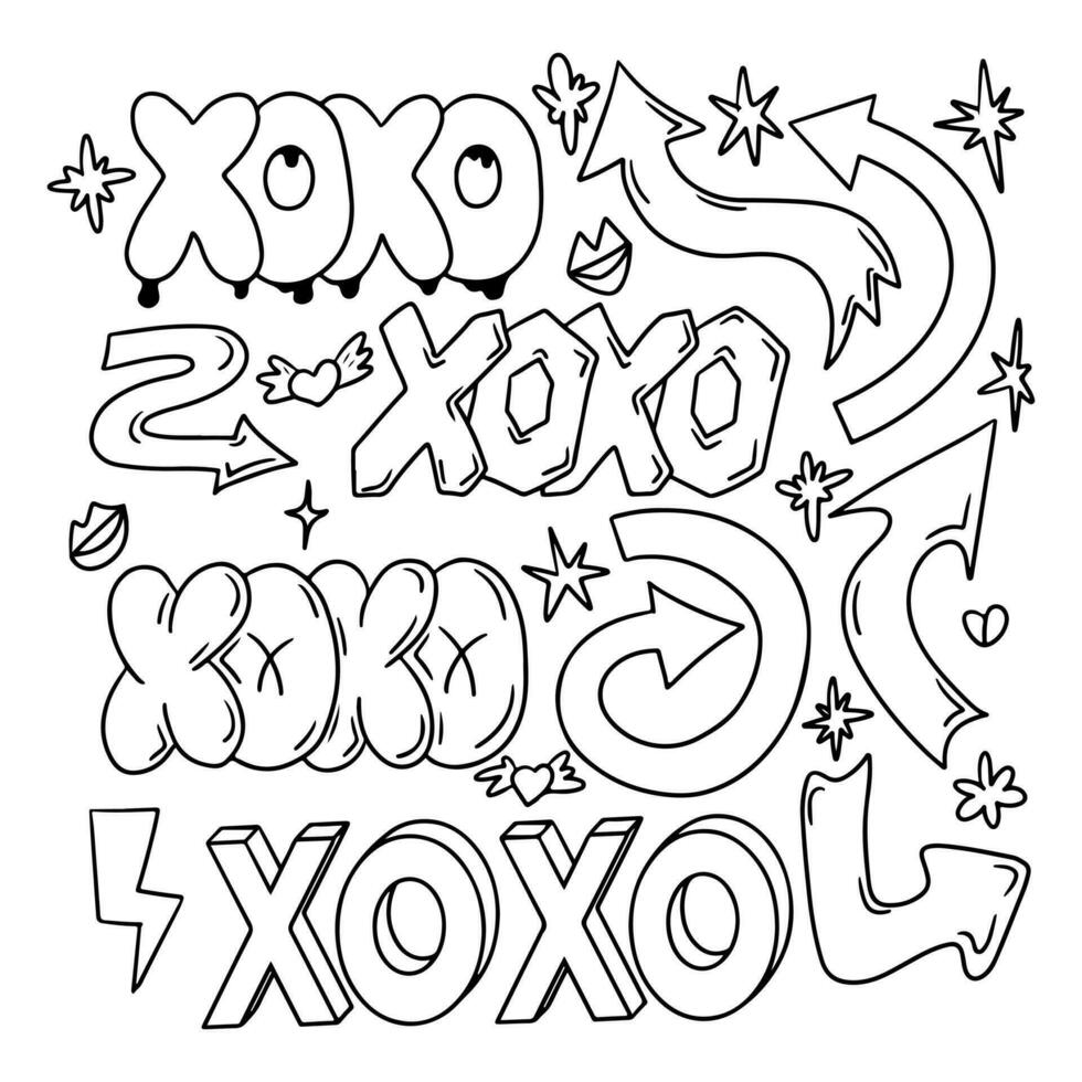Single line doodle set with word XOXO in retro 90s style. Clipart of hand drawn words, arrows, kisses. Black contour sketchy signs and words in bubble, street style graffiti. Perfect for social media vector