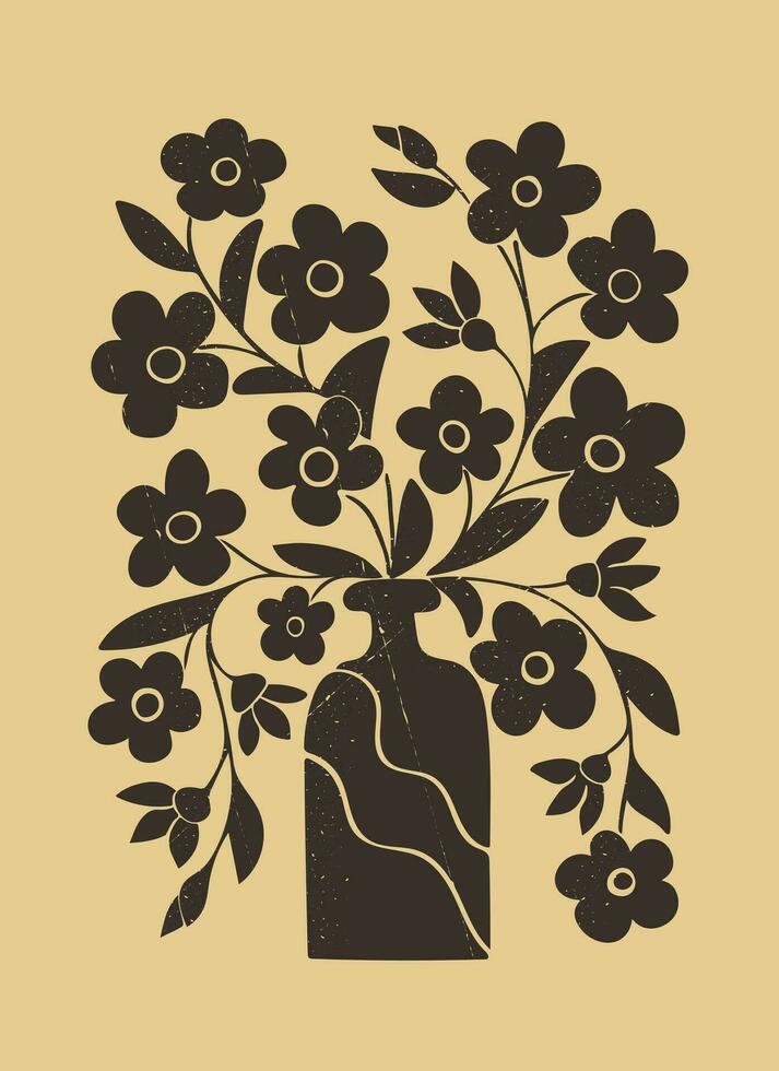 Grunge duotone floral abstract composition. Trendy peach color background. Flat vector illustration with plant in vase with grunge texture and scratches. Ideal for printout, posters