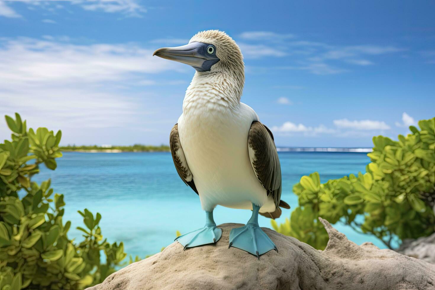 AI generated The rare blue-footed booby rests on the beach. AI Generated photo