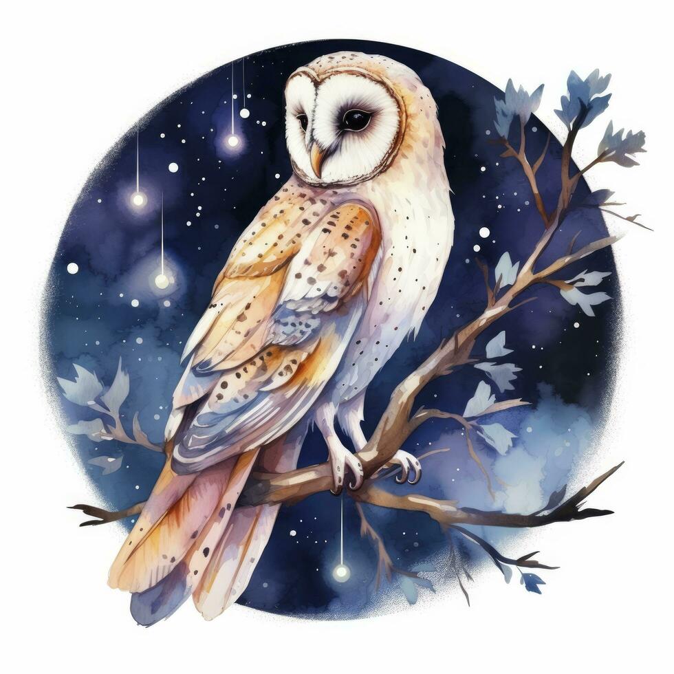 AI generated Watercolor magical owl sitting on a tree branch for T-shirt Design. AI Generated photo