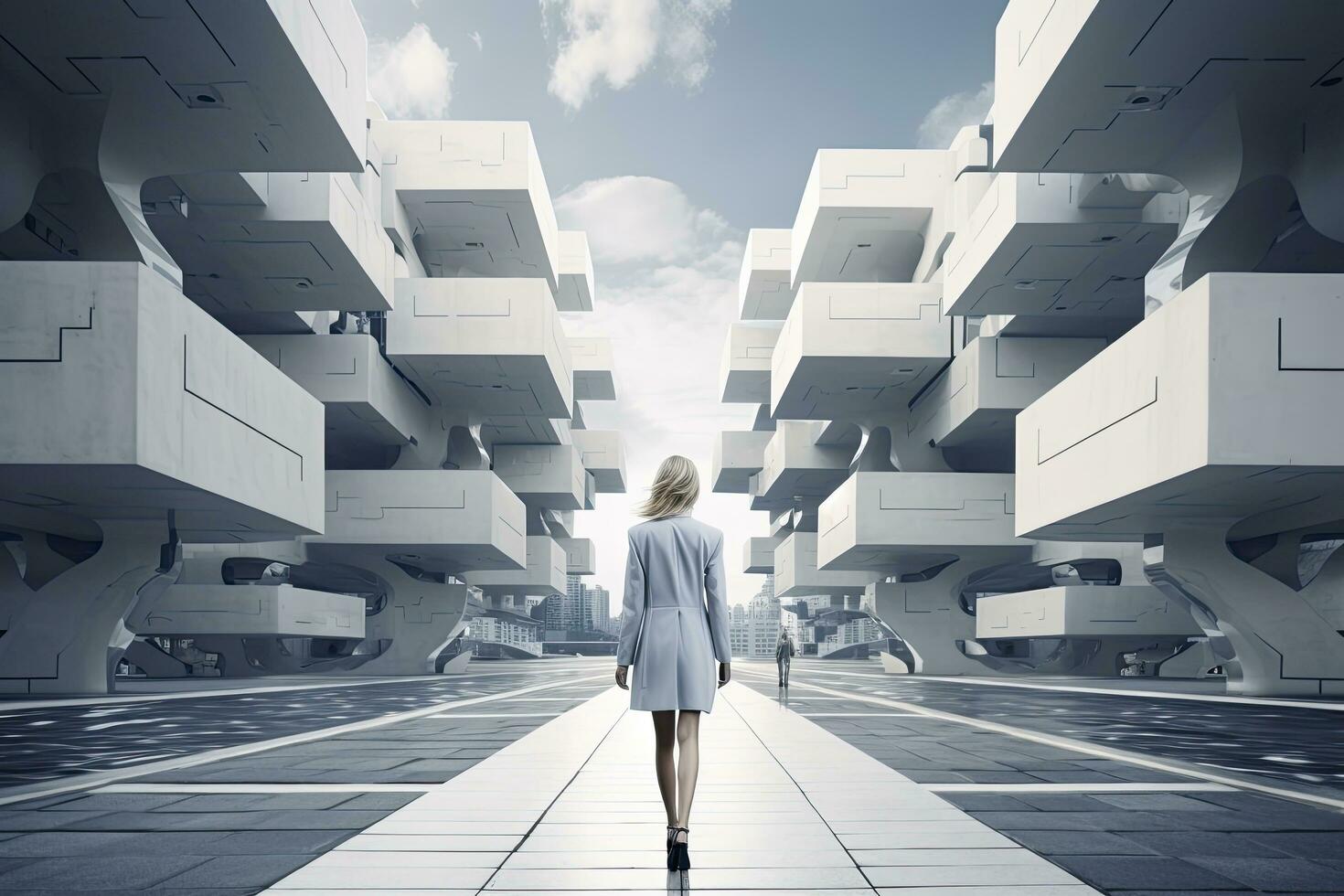 AI generated Woman walking in futuristic brutalist city street.  AI Generated. photo