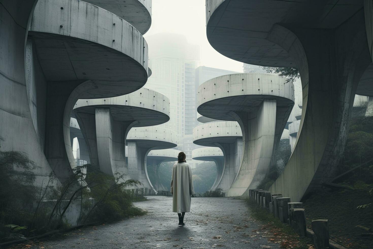 AI generated Woman walking in futuristic brutalist city street.  AI Generated. photo