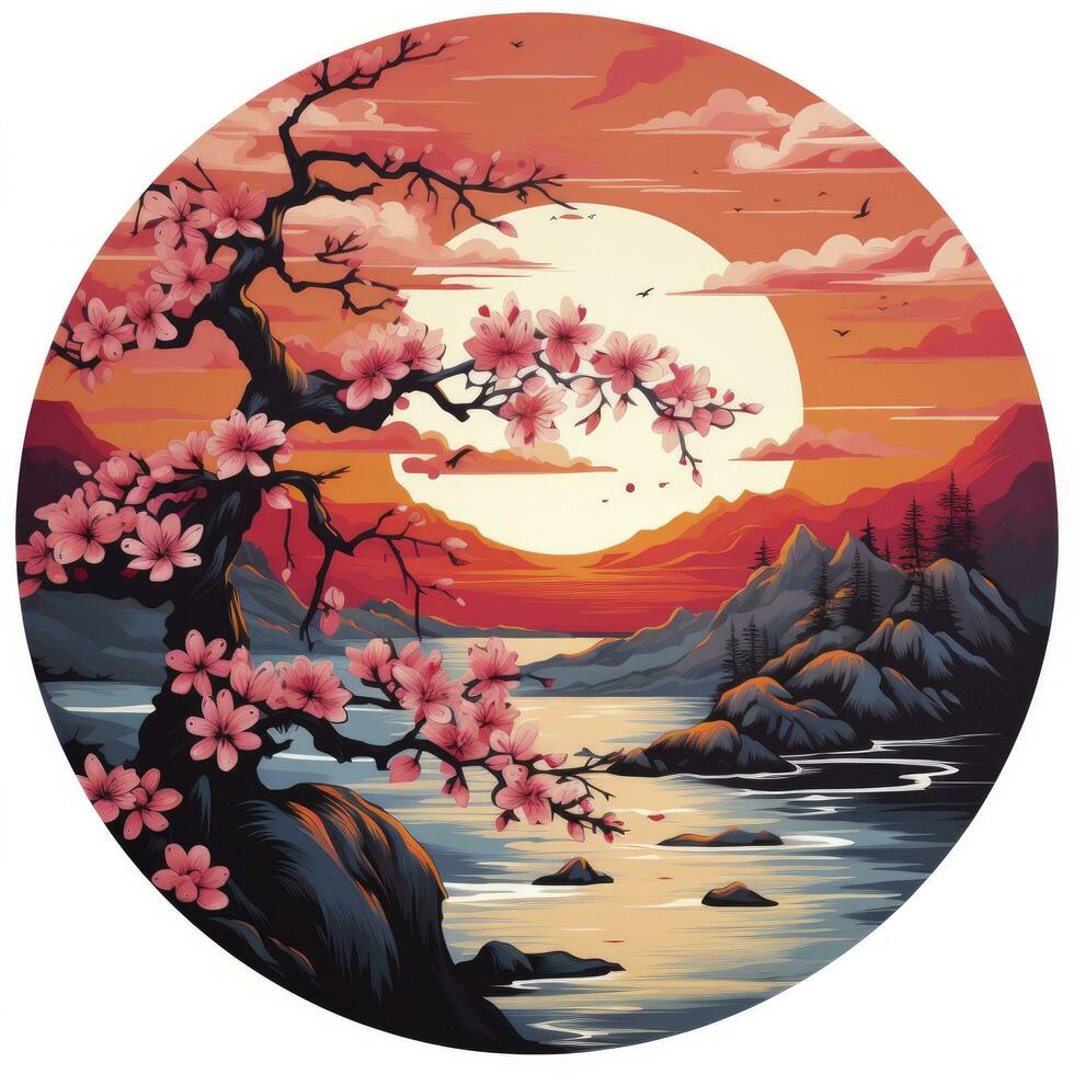 AI generated Cherry blossoms in the sunset background. Japanese tattoo style. AI Generated photo