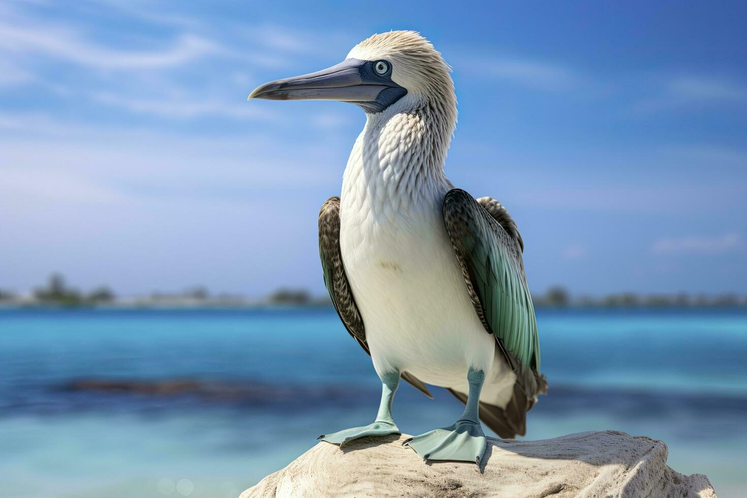 AI generated The rare blue-footed booby rests on the beach. AI Generated photo