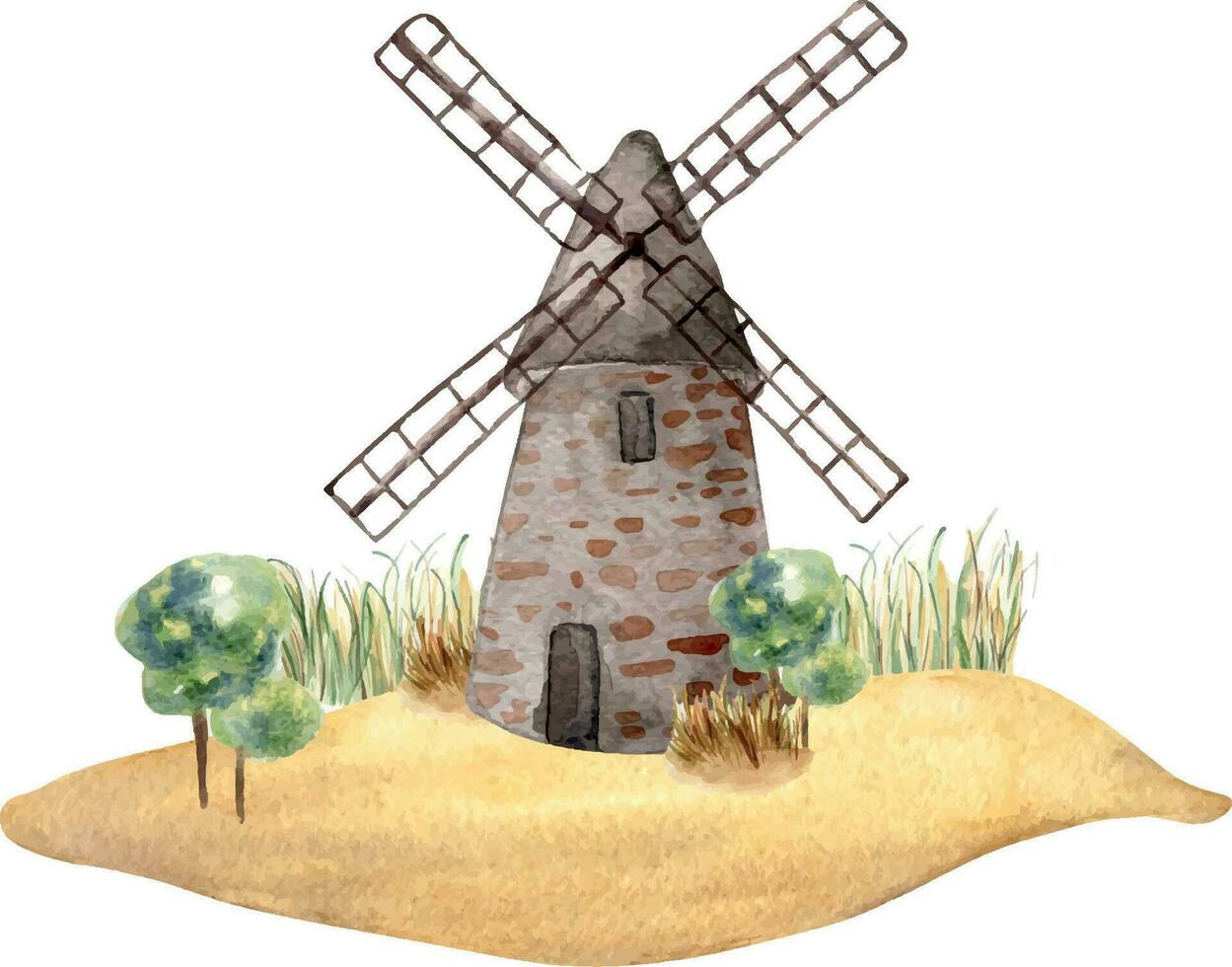 molino Clásico acuarela ilustración aislado en blanco antecedentes. rural haciendo un pan molino mano dibujado. pintado molienda planta. paisaje para diseño paquete pan, harina, tienda de comestibles almacenar, panadería vector