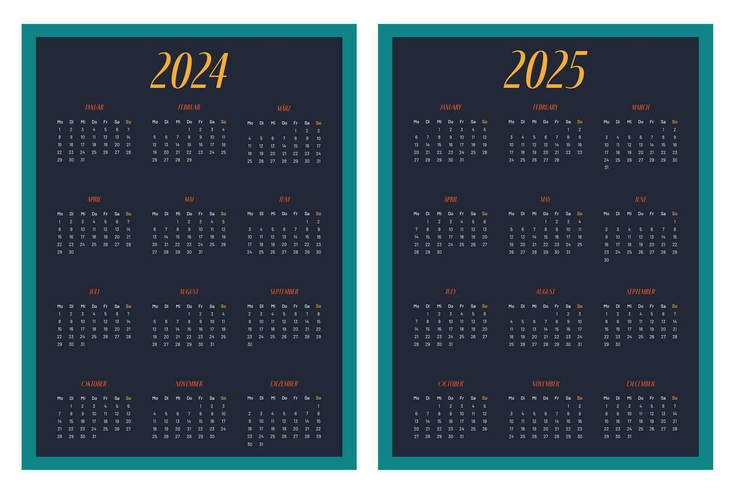 2024 calendar vector design template, simple and clean design. Calendar in German. The week starts on Monday.
