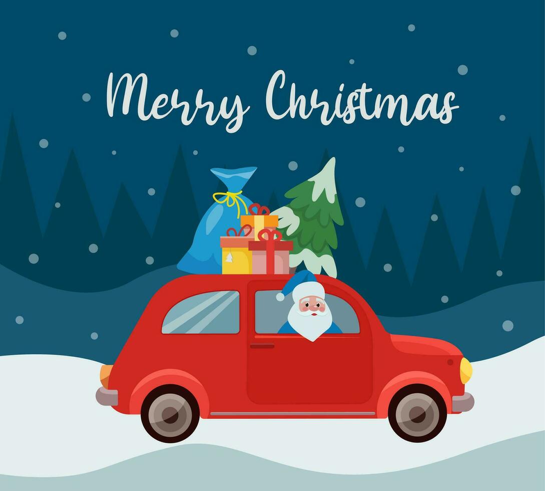 Red car with a bag of gifts and a Christmas tree on the roof. Santa Claus driving a car. Vector Christmas and New Year card. Vector illustration.