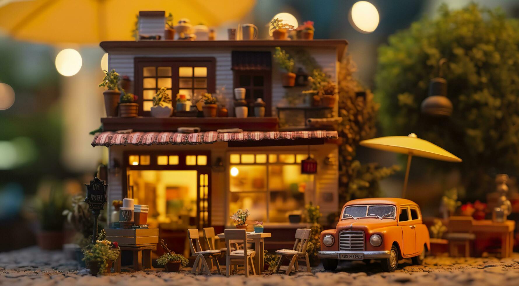 AI generated A charming and cozy coffee shop Set beside a busy highway with Warm and golden sunset light, and a Picturesque sunset view with vibrant colors. AI Generative photo