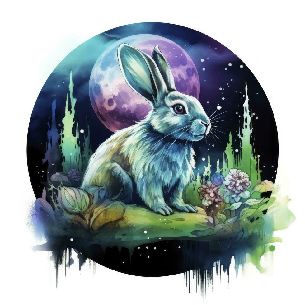 AI generated Watercolor Rabbit and Glowing Moon for T-shirt Design. AI Generated photo