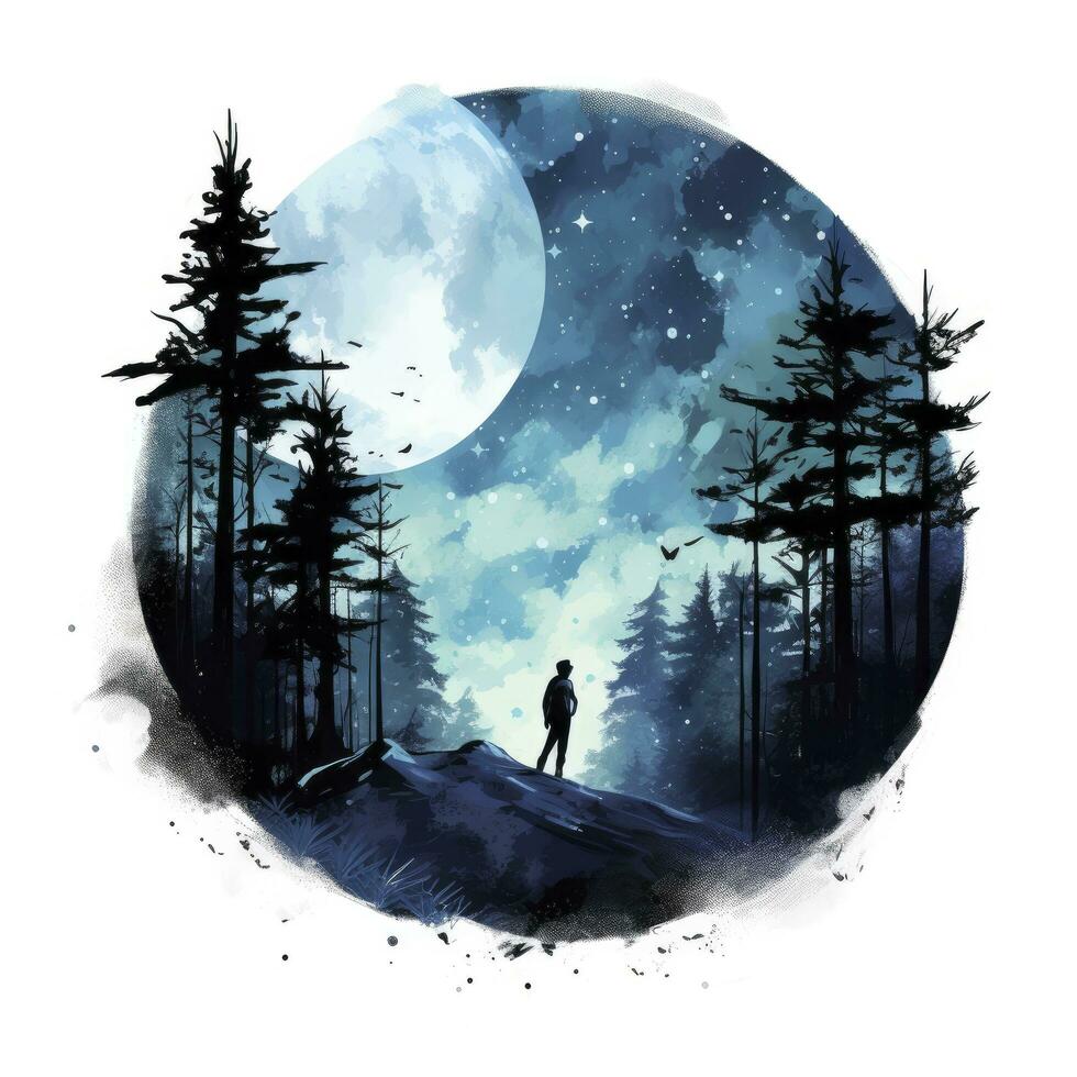 AI generated Forest moon silhouette with fairy shining in the night sky on a white background. AI Generated photo