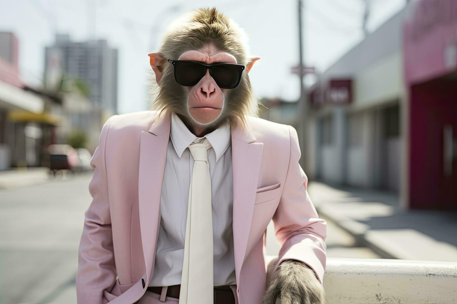 AI generated A Monkey is wearing sunglasses, suit and standing on street. AI Generated photo