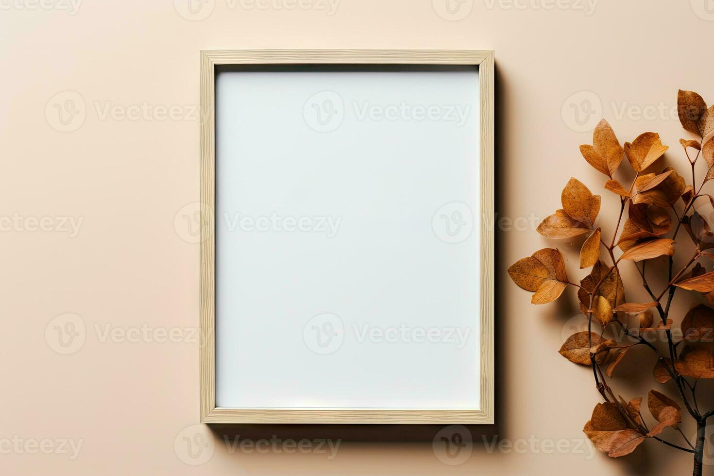 AI Generated Wooden frame. Empty space, wooden frame, wall in autumn by Generative AI photo