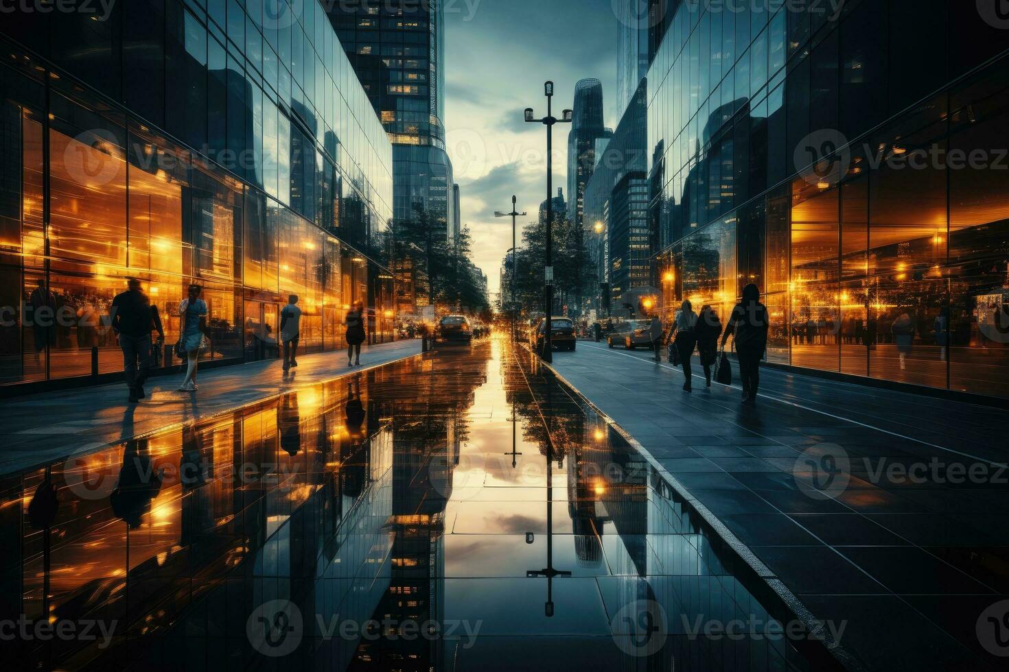 AI Generated Dusk lights in modern city street scene Blurry image of a neardark road Bright lights, tall buildings, towers, skyscrapers, roads, cars. by Generative AI photo