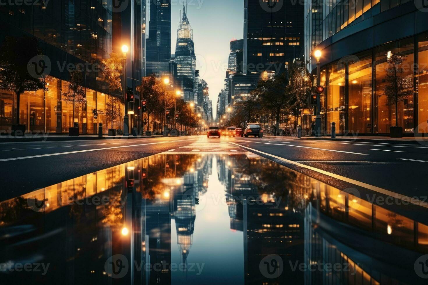 AI Generated Dusk lights in modern city street scene Blurry image of a neardark road Bright lights, tall buildings, towers, skyscrapers, roads, cars. by Generative AI photo