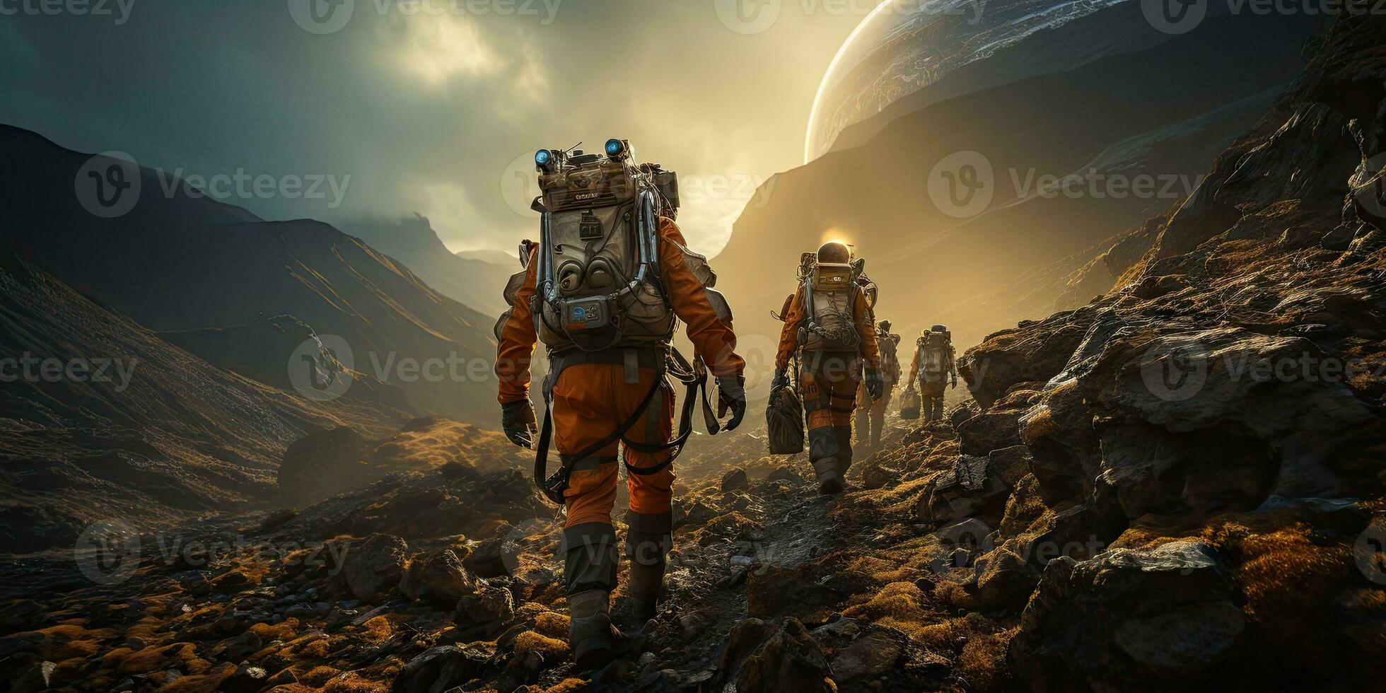 AI Generated Astronauts in futuristic space suits are exploring the surface of Mars in order to live on Mars in the future by Generative AI photo