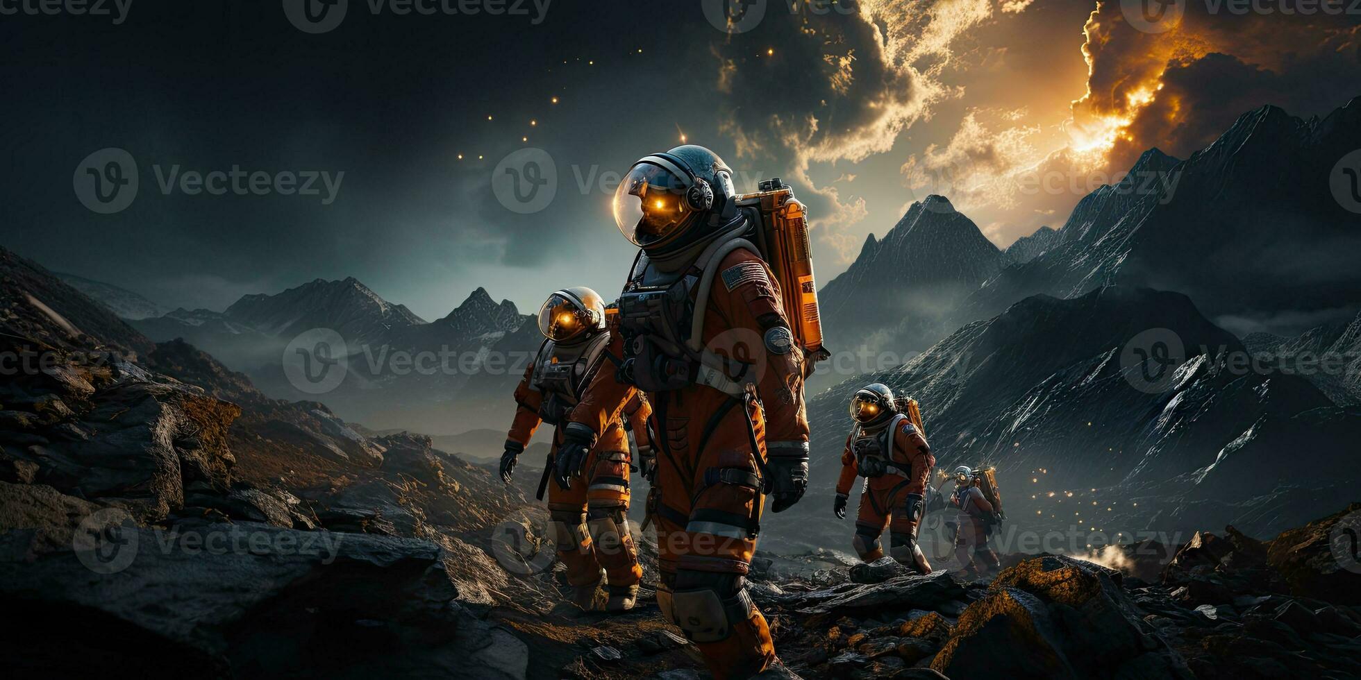 AI Generated Astronauts in futuristic space suits are exploring the surface of Mars in order to live on Mars in the future by Generative AI photo