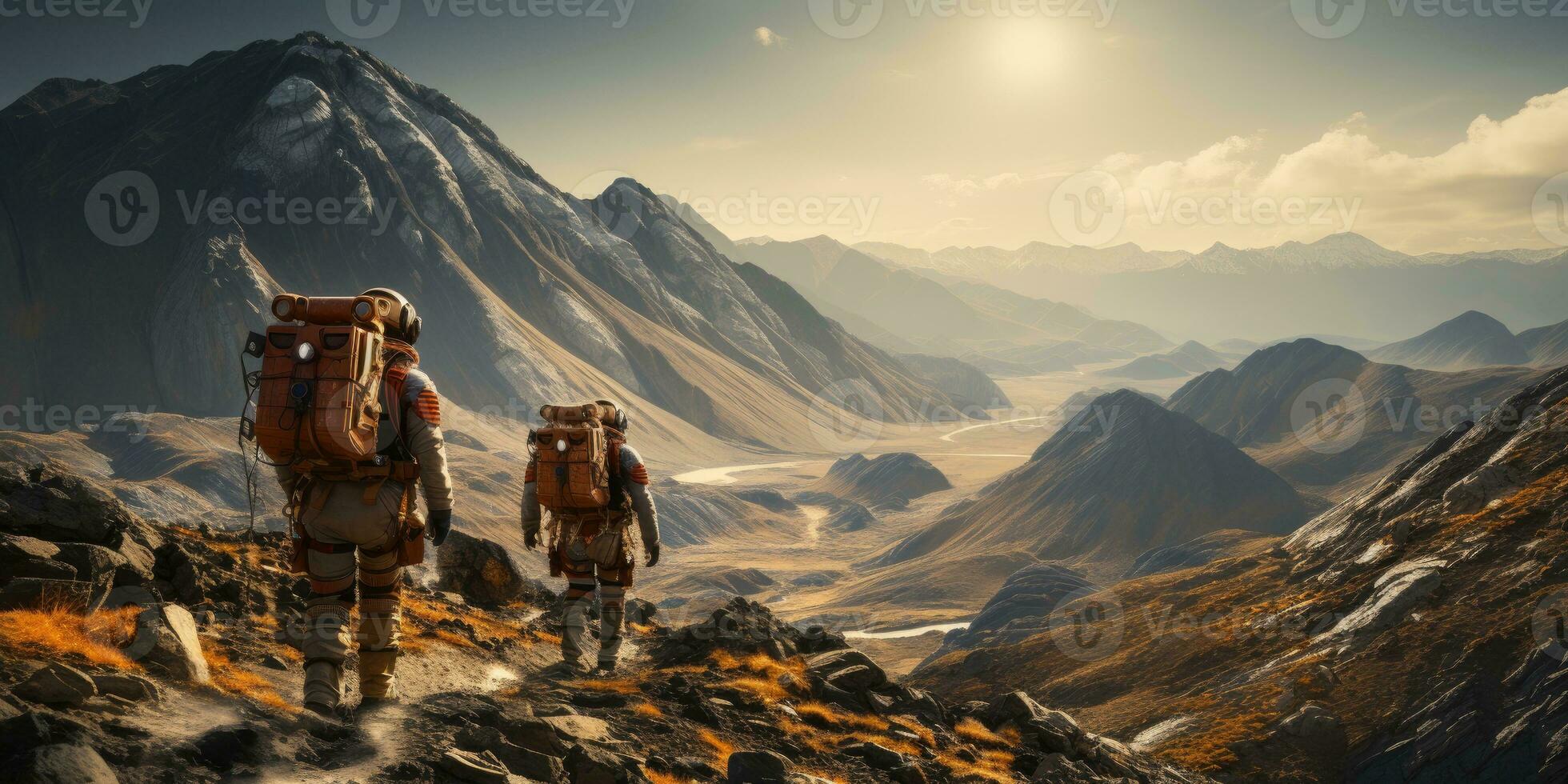 AI Generated Astronauts in futuristic space suits are exploring the surface of Mars in order to live on Mars in the future by Generative AI photo