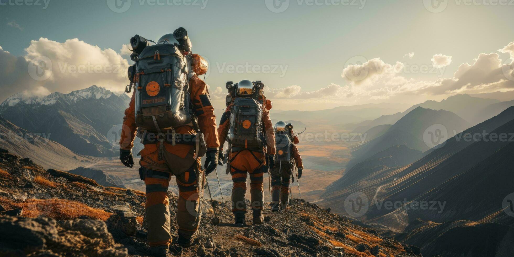 AI Generated Astronauts in futuristic space suits are exploring the surface of Mars in order to live on Mars in the future by Generative AI photo