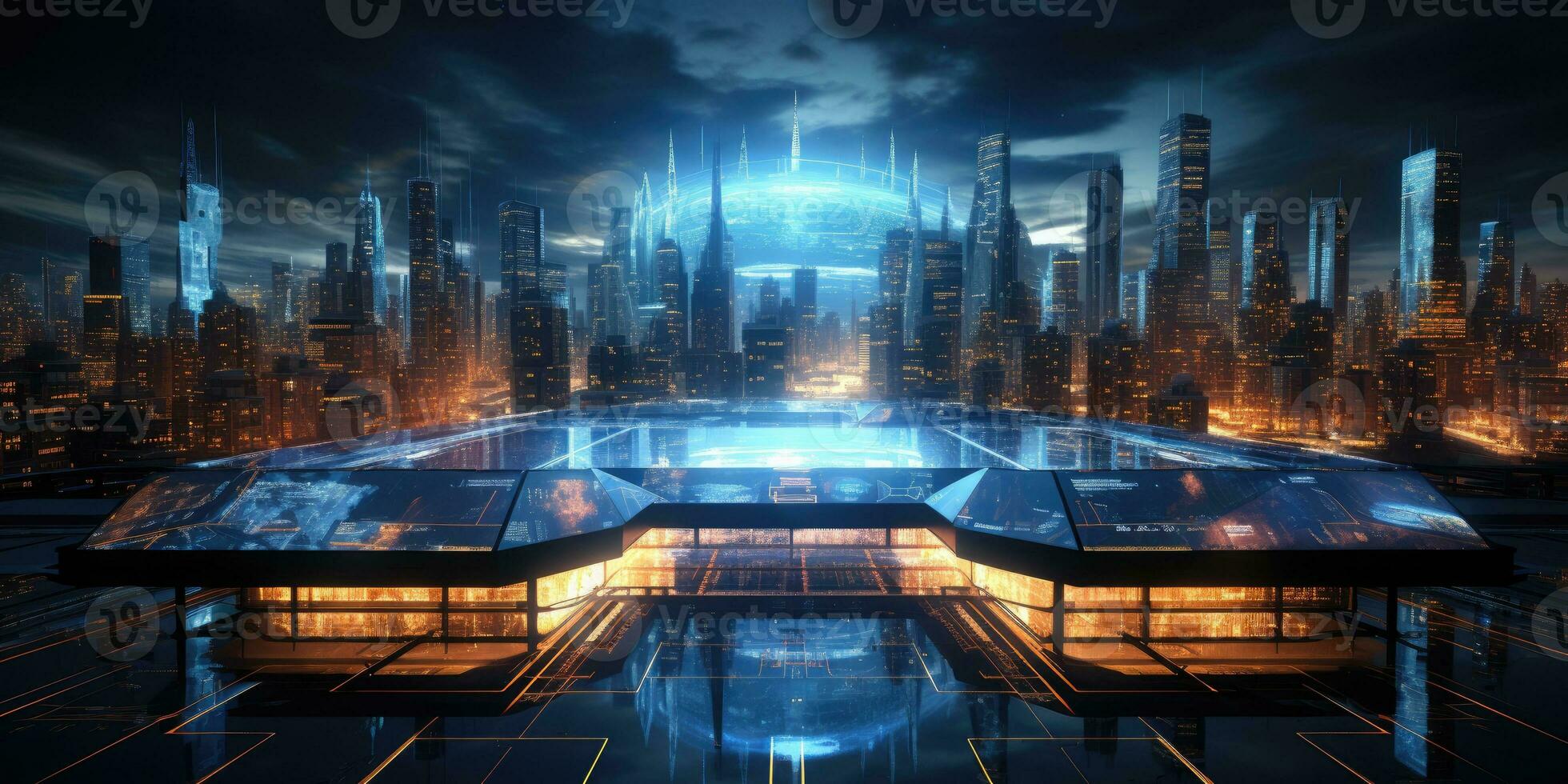 AI Generated Futuristic technology background with a digital HUD interface, showcasing virtual computer screens and cyber communication holograms in a VR cyberspace by Generative AI photo