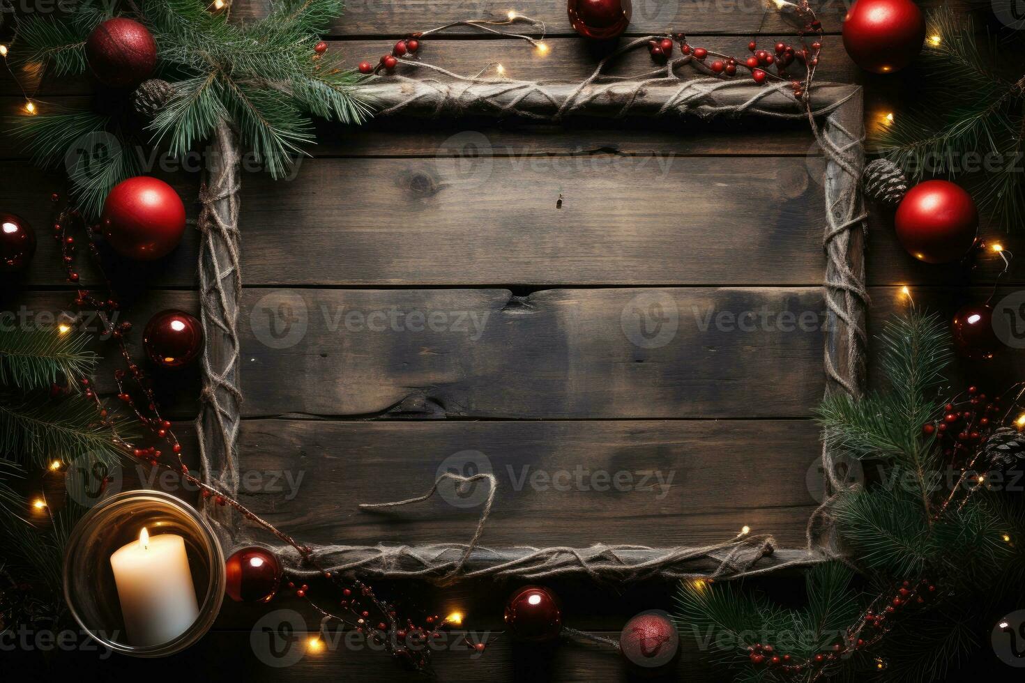 AI Generated Frame for Christmas party invitations, rectangle, retro winter theme, Christmas leaves, felt blanket, fairy lights, cozy atmosphere, Christmas tree and incandescent Christmas lights by photo