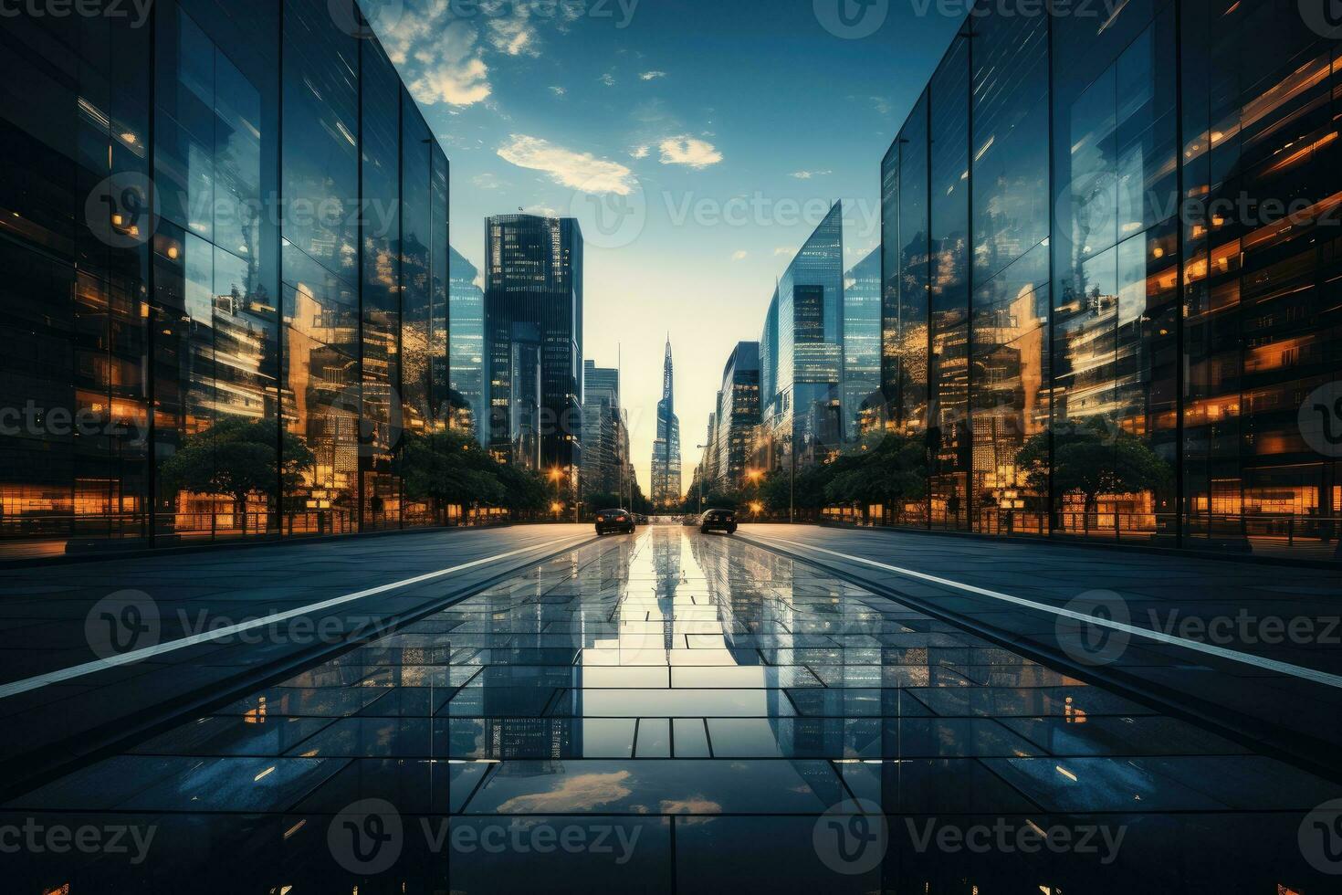 AI Generated Modern office building or business center Tall buildings' windows made of glass reflect clouds and sunlight. Empty streets outside the walls of modern civilization business growth by photo