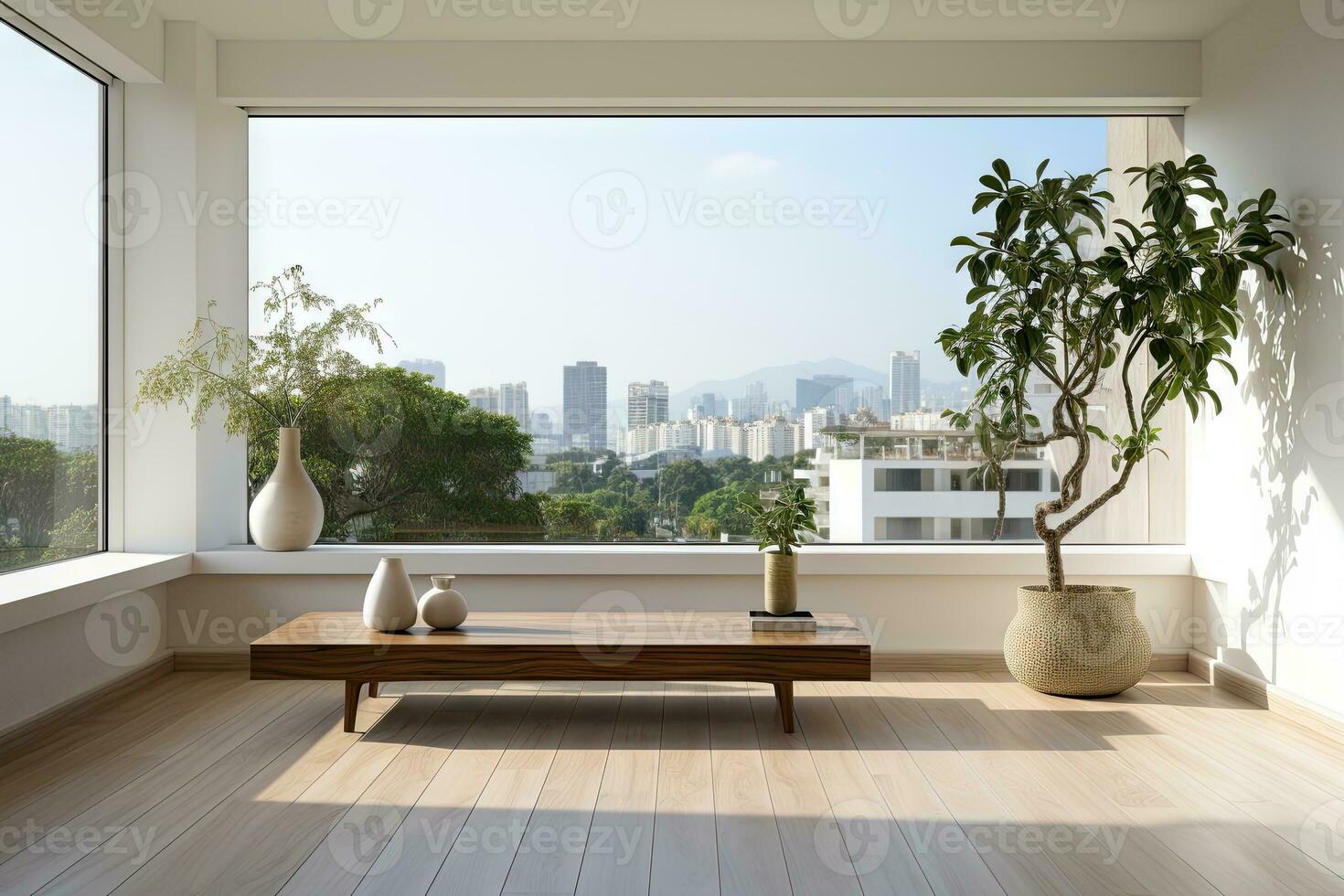 AI Generated Empty modern room with white walls and large windows Minimalist interior design in a luxury apartment The space is clean and contemporary by Generative AI photo