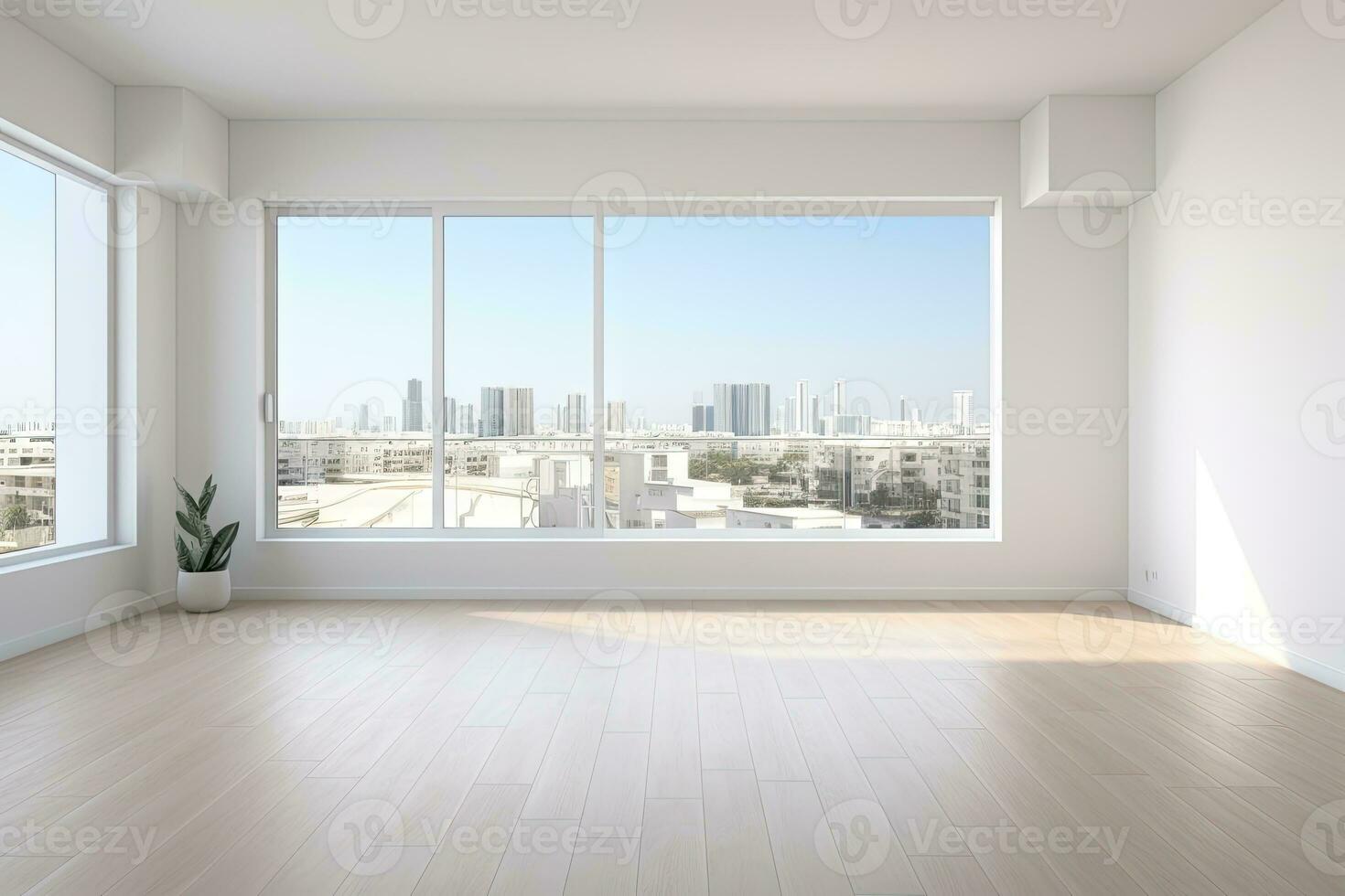 AI Generated Empty modern room with white walls and large windows Minimalist interior design in a luxury apartment The space is clean and contemporary by Generative AI photo