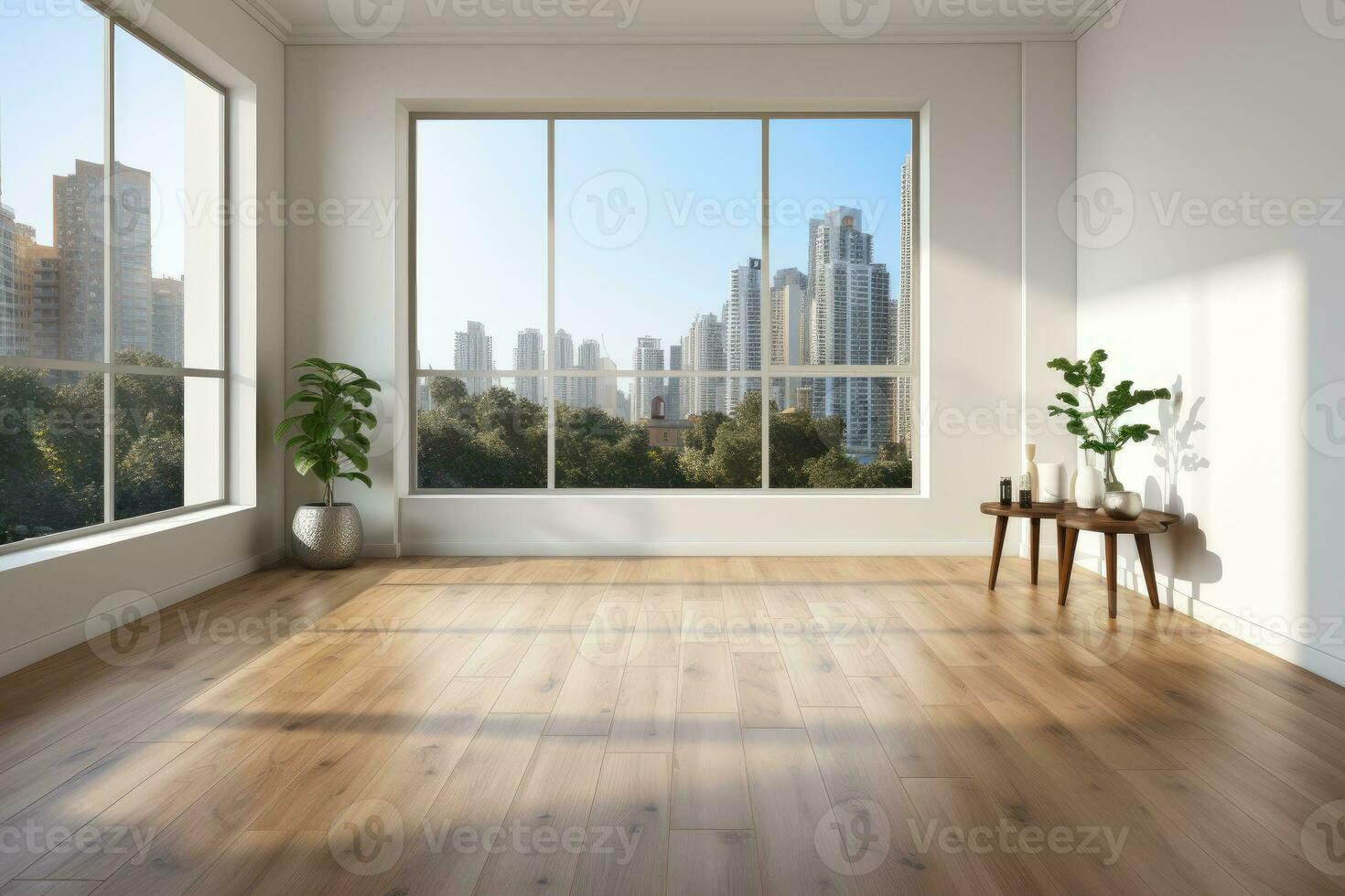 AI Generated Empty modern room with white walls and large windows Minimalist interior design in a luxury apartment The space is clean and contemporary by Generative AI photo