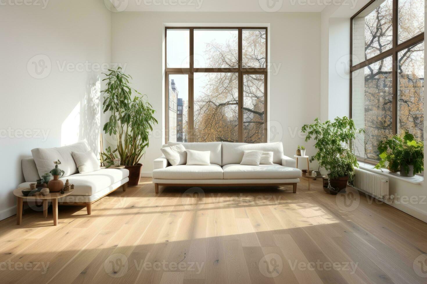 AI Generated Empty modern room with white walls and large windows Minimalist interior design in a luxury apartment The space is clean and contemporary by Generative AI photo