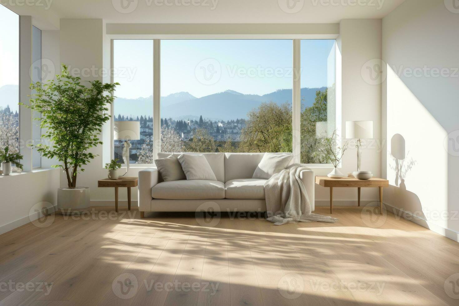 AI Generated Empty modern room with white walls and large windows Minimalist interior design in a luxury apartment The space is clean and contemporary by Generative AI photo