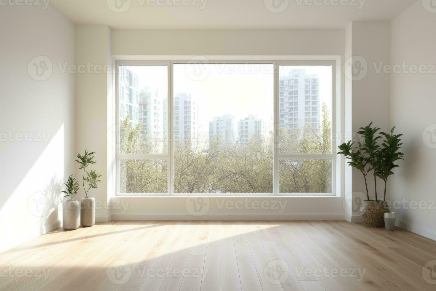 AI Generated Empty modern room with white walls and large windows Minimalist interior design in a luxury apartment The space is clean and contemporary by Generative AI photo