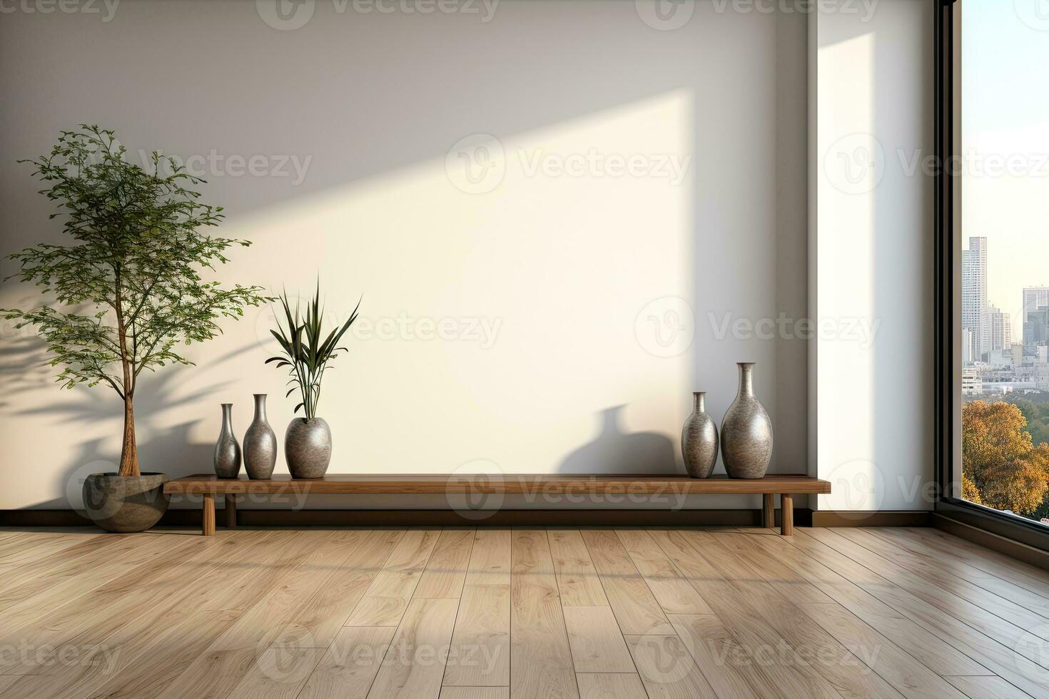 AI Generated Empty modern room with white walls and large windows Minimalist interior design in a luxury apartment The space is clean and contemporary by Generative AI photo